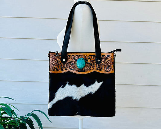 Cowhide Tooled Leather Shoulder Crossbody Bag in Black - Isla
