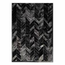 Solid Black Real Cowhide Chevron Patchwork Area Rug