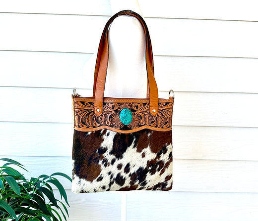 Cowhide Tooled Leather Shoulder Bag in Tan - Isla