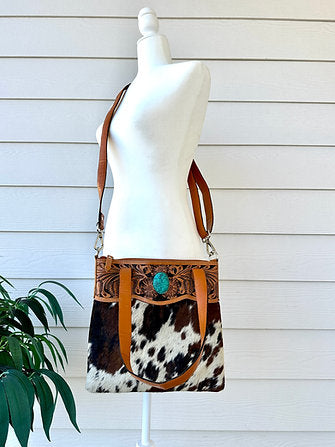 Cowhide Tooled Leather Shoulder Bag in Tan - Isla