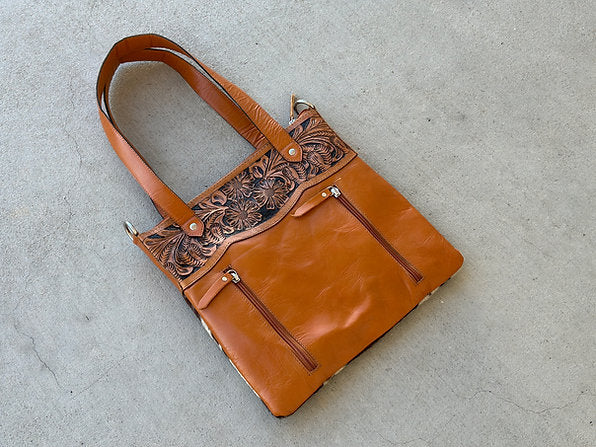 Cowhide Tooled Leather Shoulder Bag in Tan - Isla
