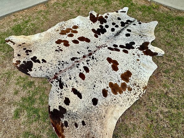 Large Cowhide Rug Tricolor Brown Western Decor 6.5 x 6 ft