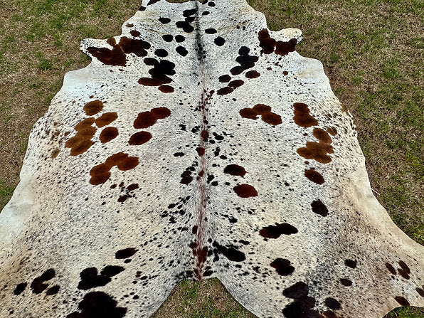 Large Cowhide Rug Tricolor Brown Western Decor 6.5 x 6 ft