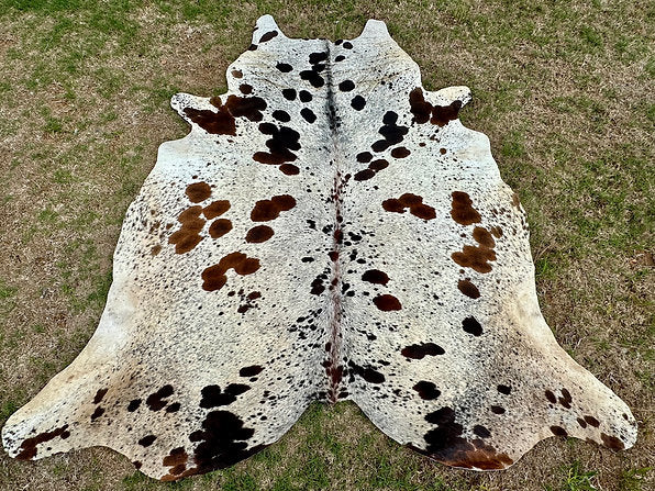 Large Cowhide Rug Tricolor Brown Western Decor 6.5 x 6 ft