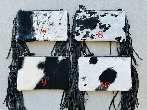 Cowhide Embossed Leather Crossbody With Fringes in Black AMELIA