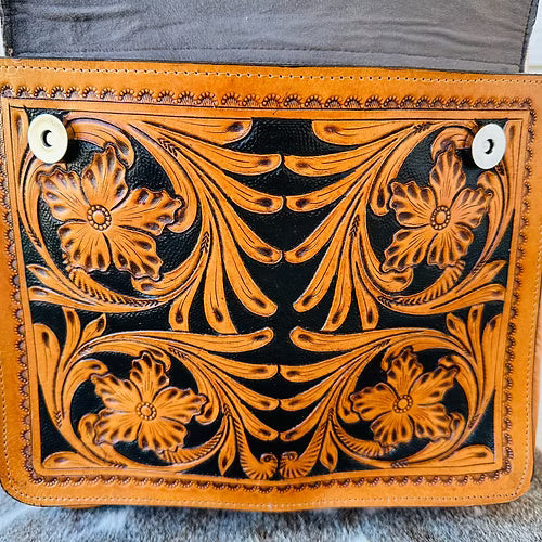 Western Cowhide Tooled Leather Backpack in Tan