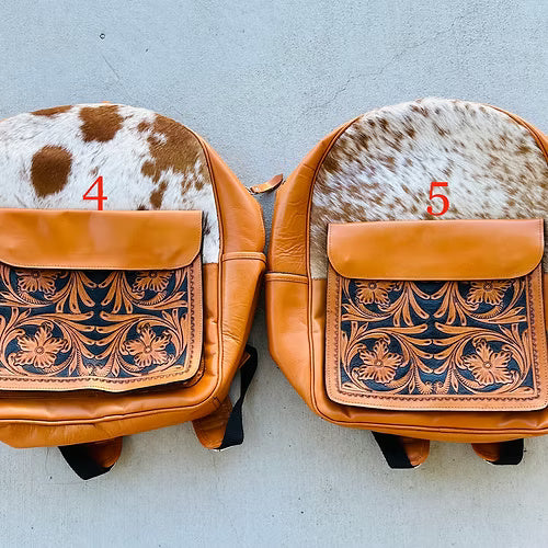 Western Cowhide Tooled Leather Backpack in Tan