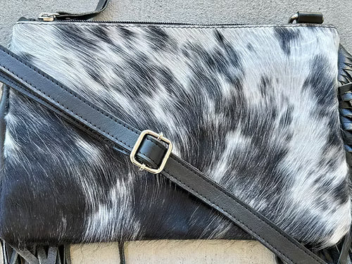 Cowhide Embossed Leather Crossbody With Fringes in Black AMELIA