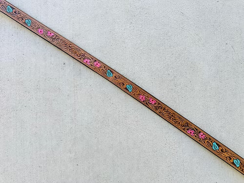 Western Tooled Leather Handbag Strap Tan Turquoise Pink Country Cowgirl Gift