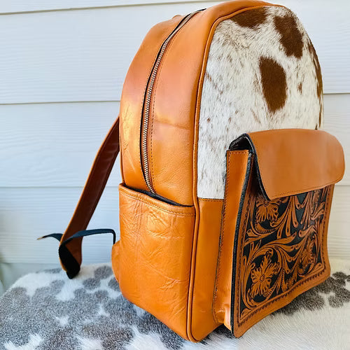 Western Cowhide Tooled Leather Backpack in Tan