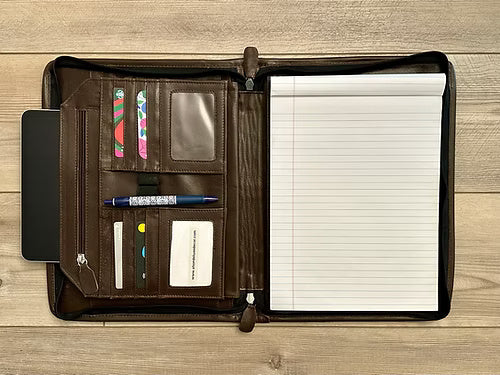 Real Cowhide Hand Tooled Leather Padfolio Binder Organizer in Dark Brown Western
