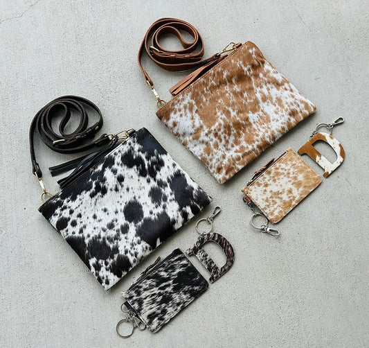 Western Fashion Set- Cowhide Crossbody, Cowhide Leather wallet and Keychain