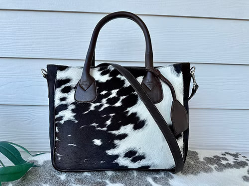 Western Cowhide Leather Tote Bag Brown Medium