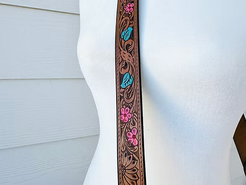 Western Tooled Leather Handbag Strap Tan Turquoise Pink Country Cowgirl Gift