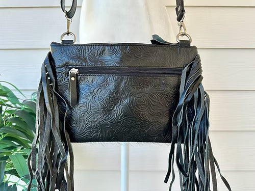 Cowhide Embossed Leather Crossbody With Fringes in Black AMELIA