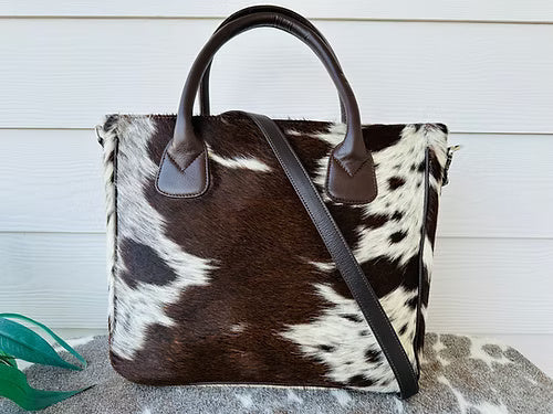 Western Cowhide Leather Tote Bag Brown Large