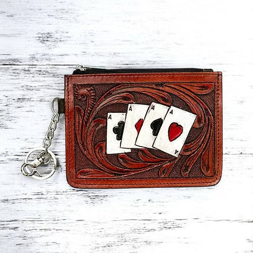 Western Tooled Leather Aces Cards Mini Wallet ID Card Holder