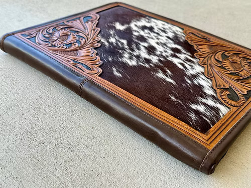Real Cowhide Hand Tooled Leather Padfolio Binder Organizer in Dark Brown Western