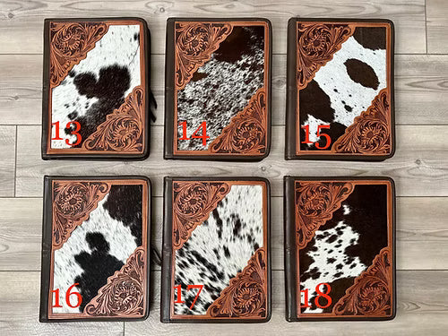 Real Cowhide Hand Tooled Leather Padfolio Binder Organizer in Dark Brown Western