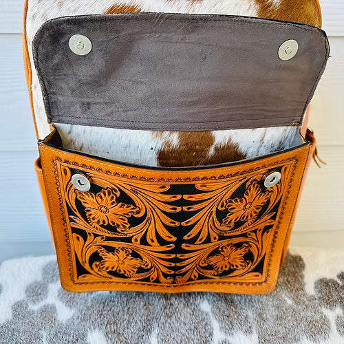 Western Cowhide Tooled Leather Backpack in Tan