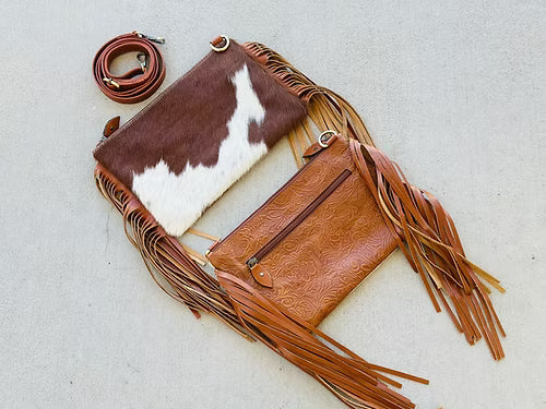 Western Cowhide Embossed Leather Crossbody With Fringes in Tan AMELIA