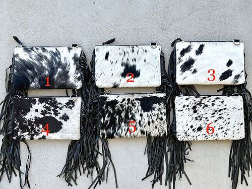Cowhide Embossed Leather Crossbody With Fringes in Black AMELIA