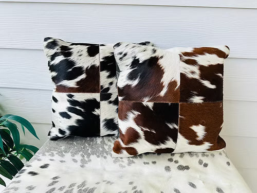 Cowhide Pillow Cushion Covers Throw Leather Tricolor- Set of 2
