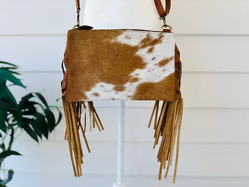 Western Cowhide Embossed Leather Crossbody With Fringes in Tan AMELIA