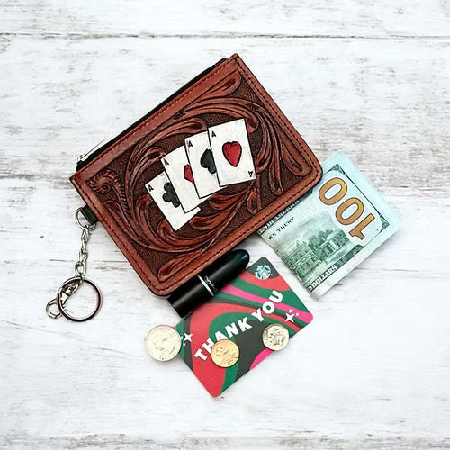 Western Tooled Leather Aces Cards Mini Wallet ID Card Holder