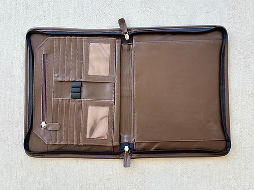 Real Cowhide Hand Tooled Leather Padfolio Binder Organizer in Dark Brown Western