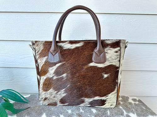 Western Cowhide Leather Tote Bag Brown Large