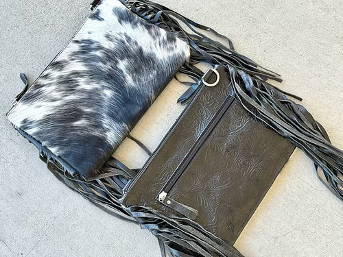 Cowhide Embossed Leather Crossbody With Fringes in Black AMELIA