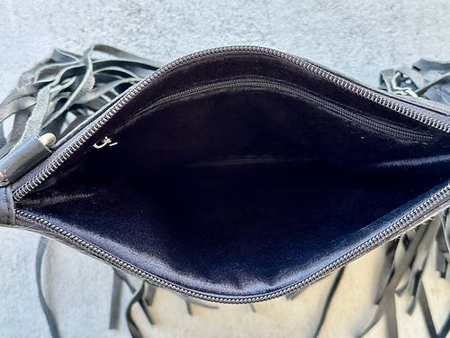 Cowhide Embossed Leather Crossbody With Fringes in Black AMELIA