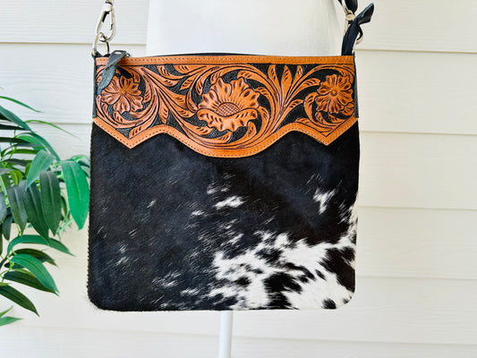 Black Western Cowhide Tooled Leather Messenger Bag - RAINBOW