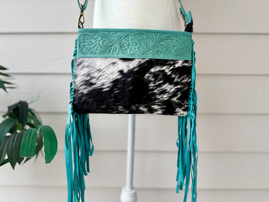 Cowhide Crossbody Bag with Turquoise Leather and Fringes - Harper
