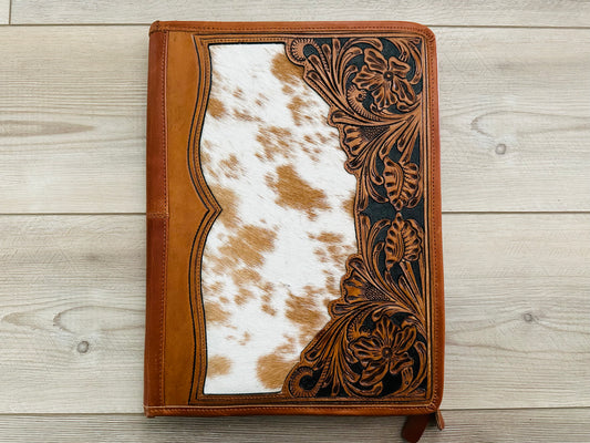 Cowhide Tooled Leather Western Padfolio Organizer in Tan