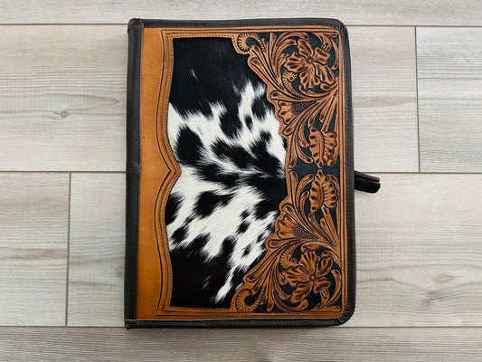 Cowhide Tooled Leather Western Padfolio Organizer in Brown