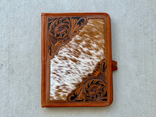 Cowhide Tooled Leather Western Padfolio Organizer in Tan