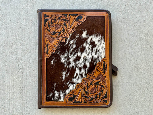 Cowhide Tooled Leather Western Padfolio Organizer in Brown