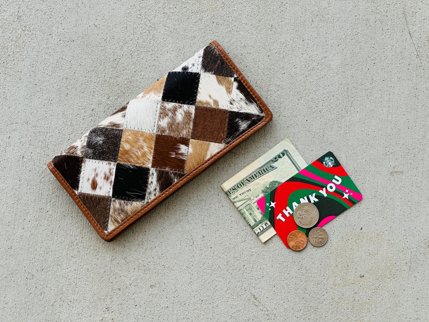 Cowhide Leather Rodeo Western Patchwork Slim Wallet for Women Tan - Della