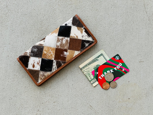 Cowhide Leather Rodeo Western Patchwork Slim Wallet for Women Tan - Della