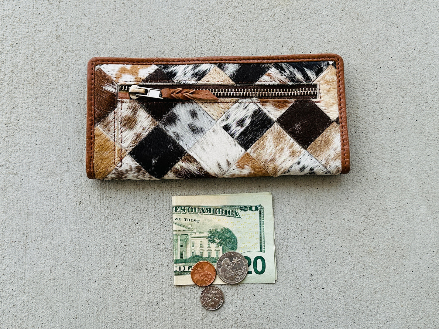 Cowhide Leather Rodeo Western Patchwork Slim Wallet for Women Tan - Della