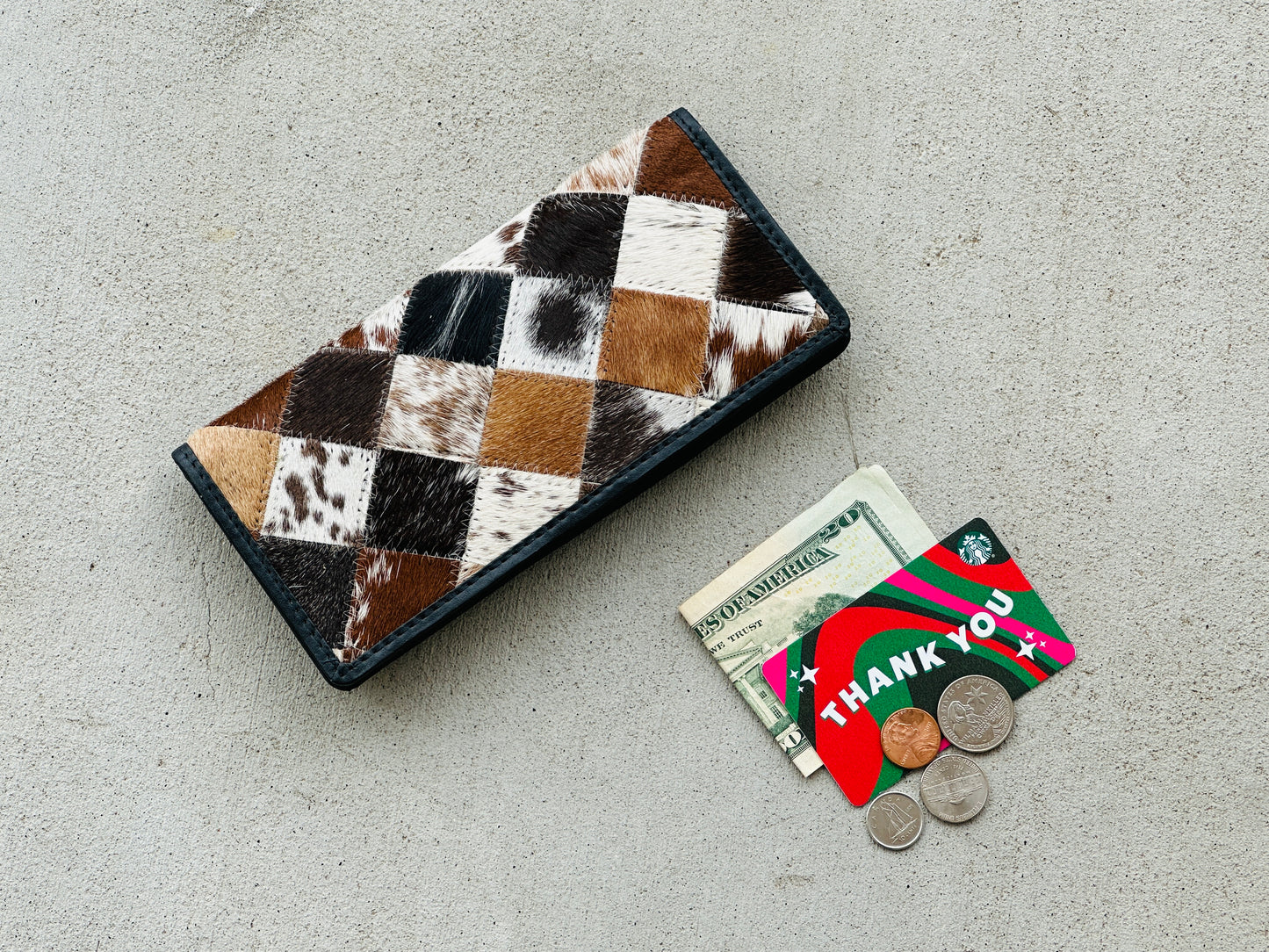 Cowhide Leather Rodeo Western Patchwork Slim Wallet for Women Black - Della