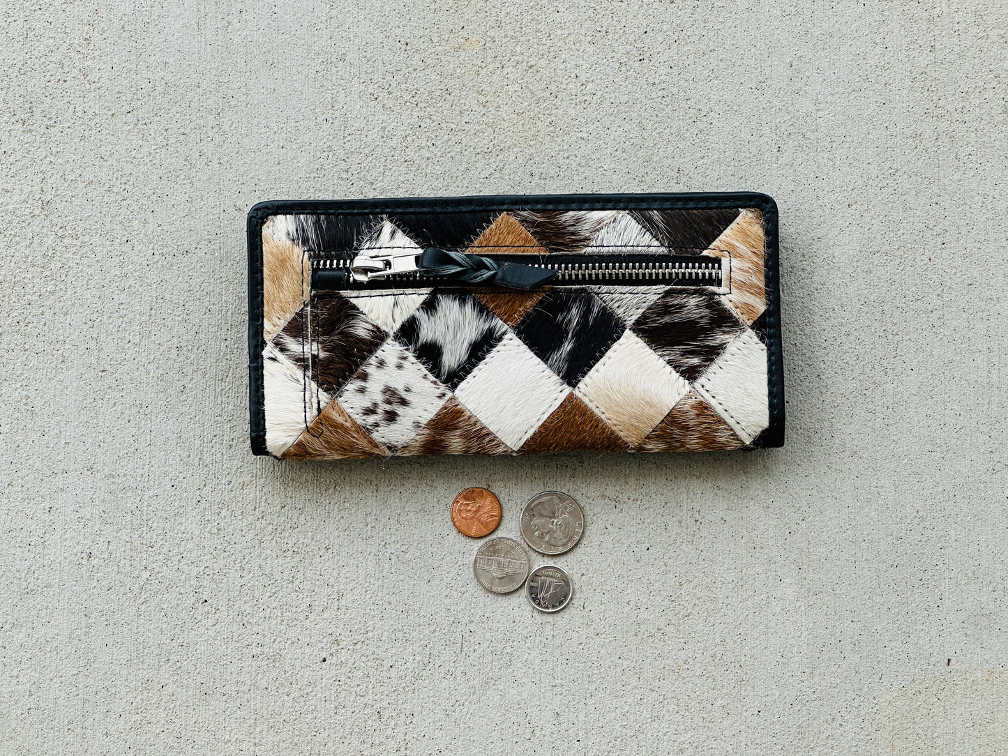 Cowhide Leather Rodeo Western Patchwork Slim Wallet for Women Black - Della