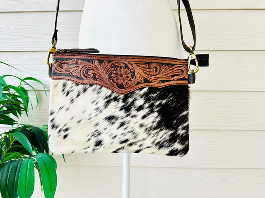 Western Cowhide Tooled Leather Crossbody Purse- Celia