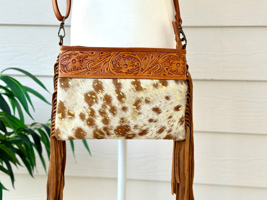 Cowhide Crossbody with Fringes in Tan And Gold - Harper