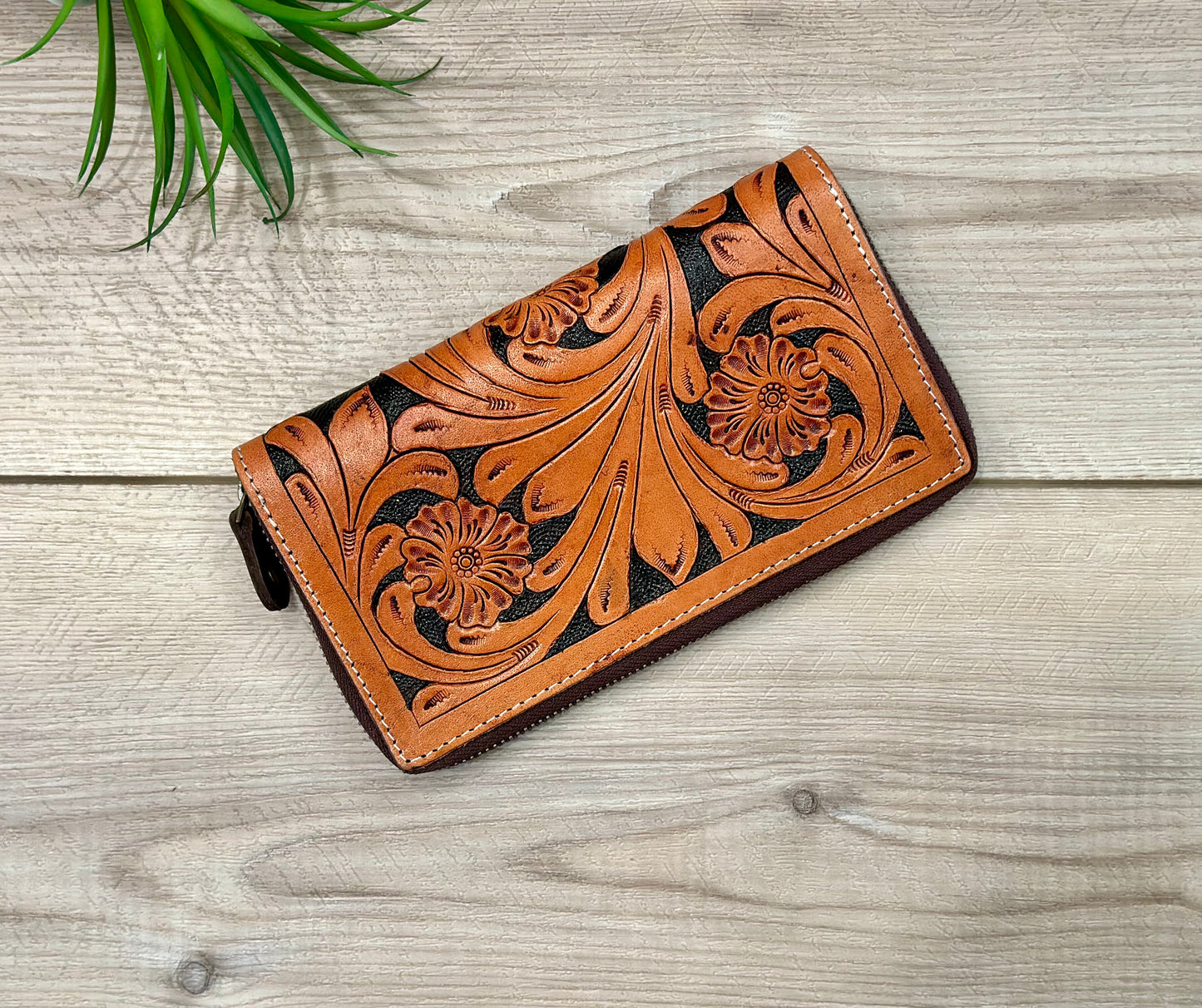 Tooled Leather Zip Wallet In Tan and Black