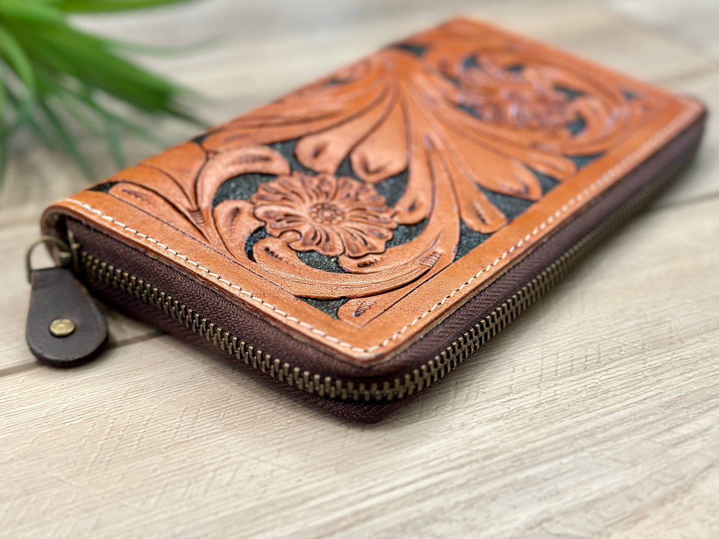 Tooled Leather Zip Wallet In Tan and Black