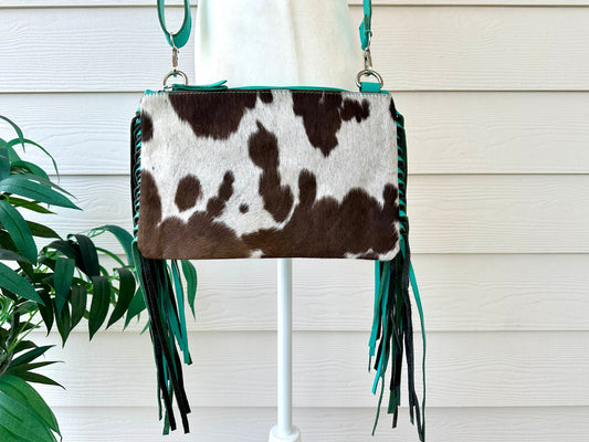 Cowhide Embossed Leather Crossbody With Fringes in Turquoise AMELIA