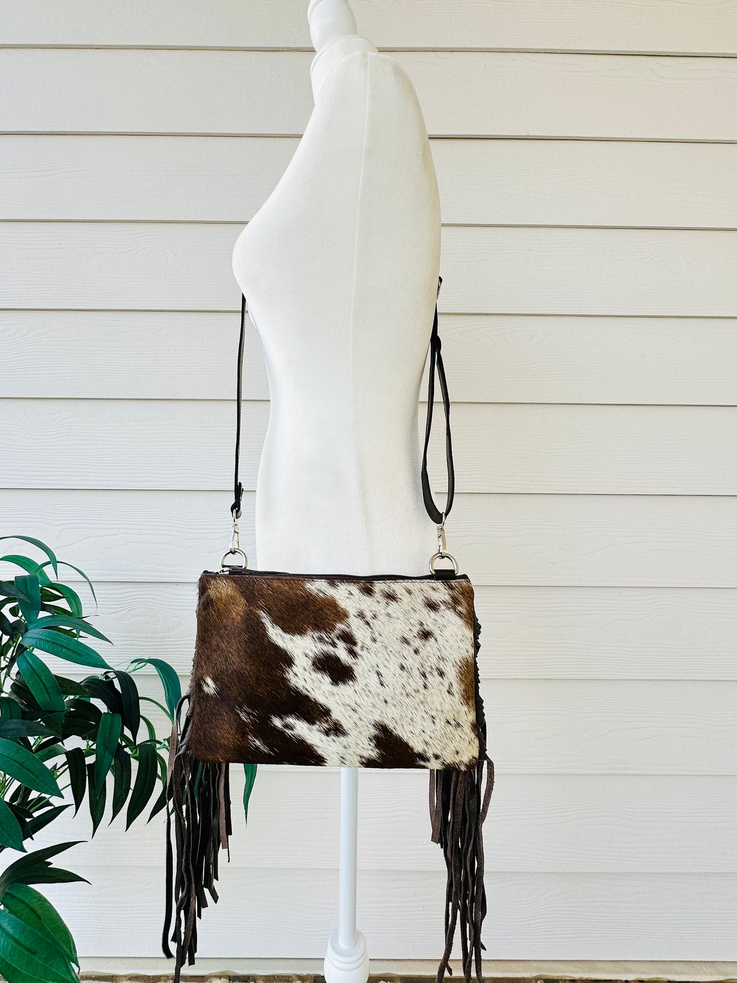 Cowhide Embossed Leather Crossbody With Fringes in Brown AMELIA
